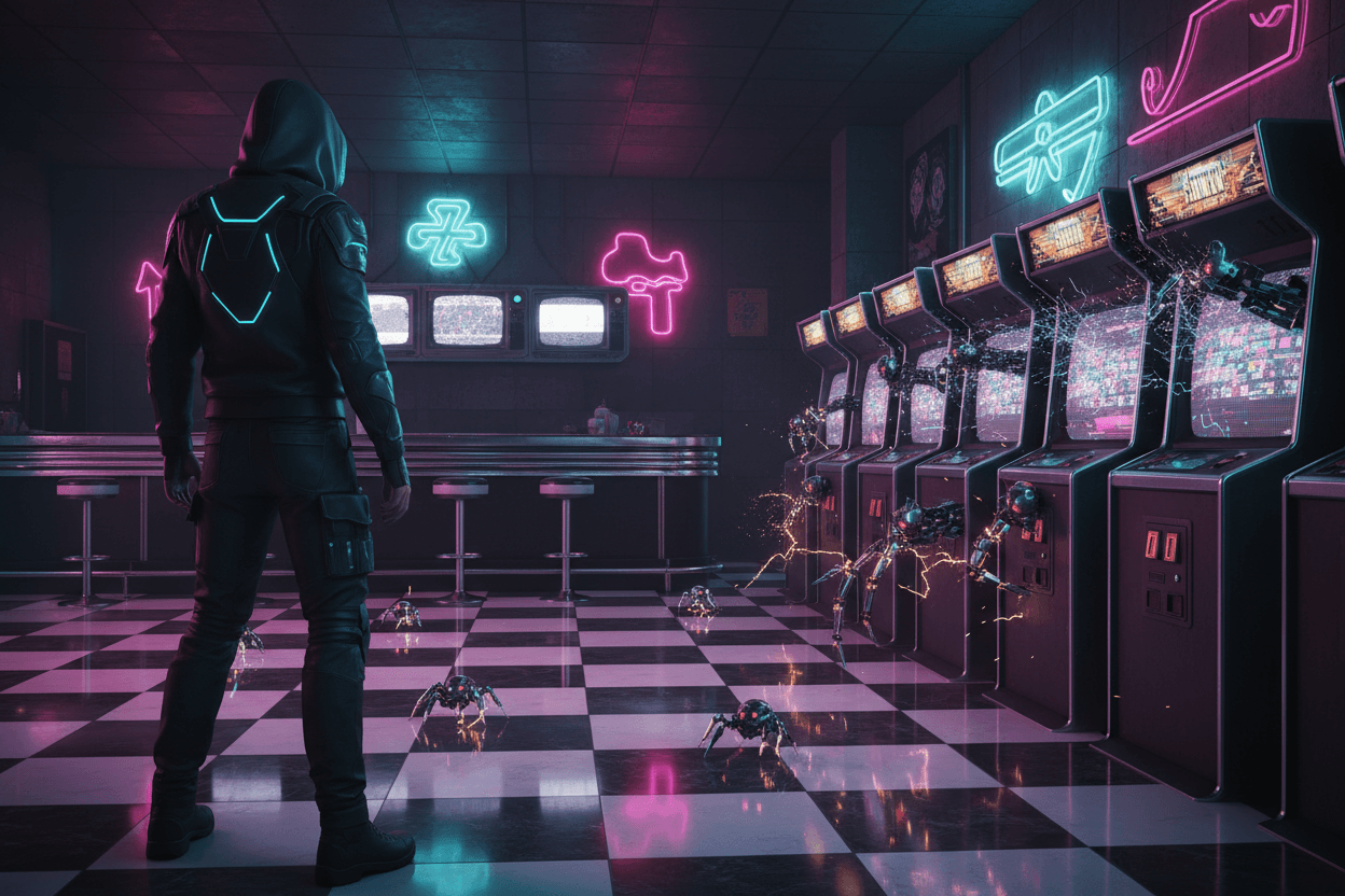 Neon arcade bar at midnight: a hooded player faces sparking robots crawling out of the arcade cabinets